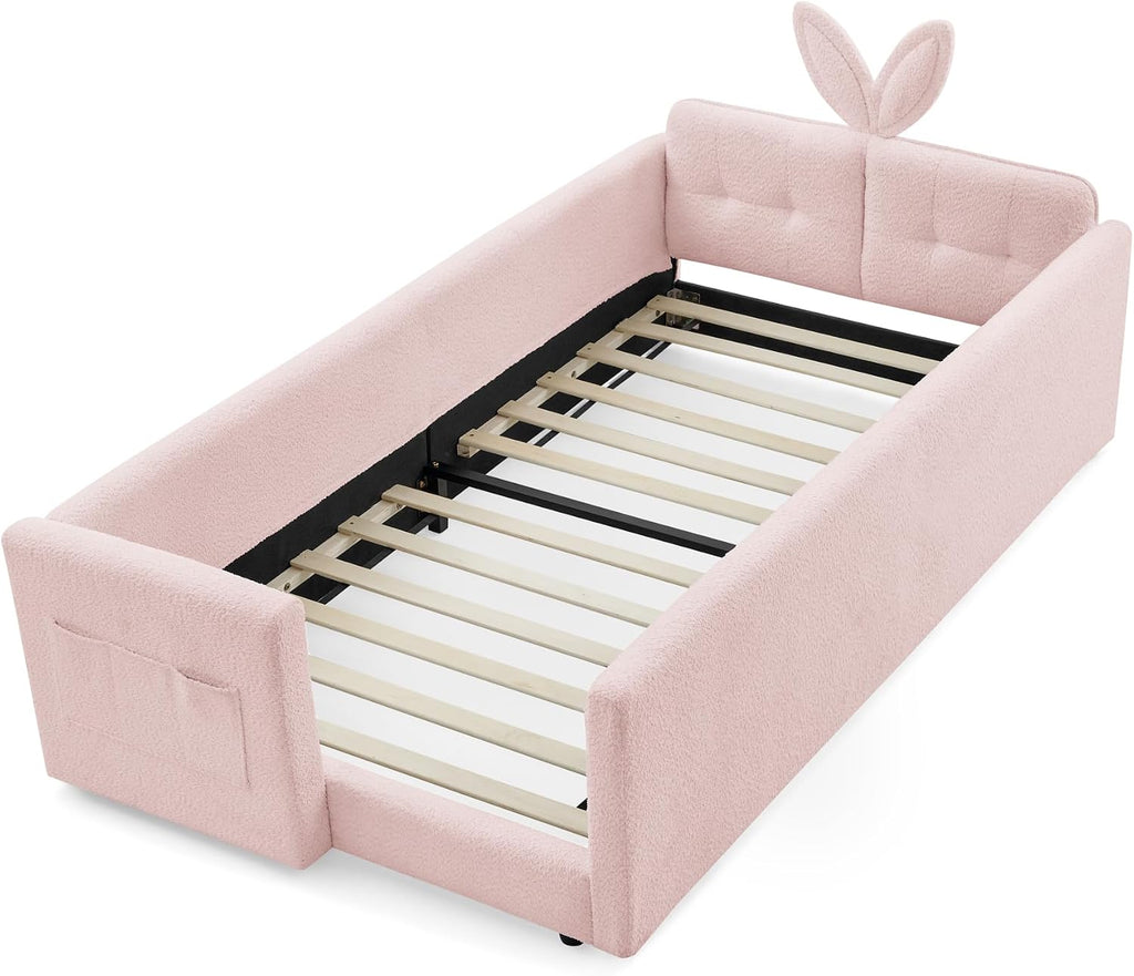 Twin Size Upholstered Platform Bed with Safety Guardrail and Cute Rabbit Ear Shaped Headboard, Boucle Fabric Montessori Kids Bed with Pocket and Sturdy Slats Support (Pink-7.24)