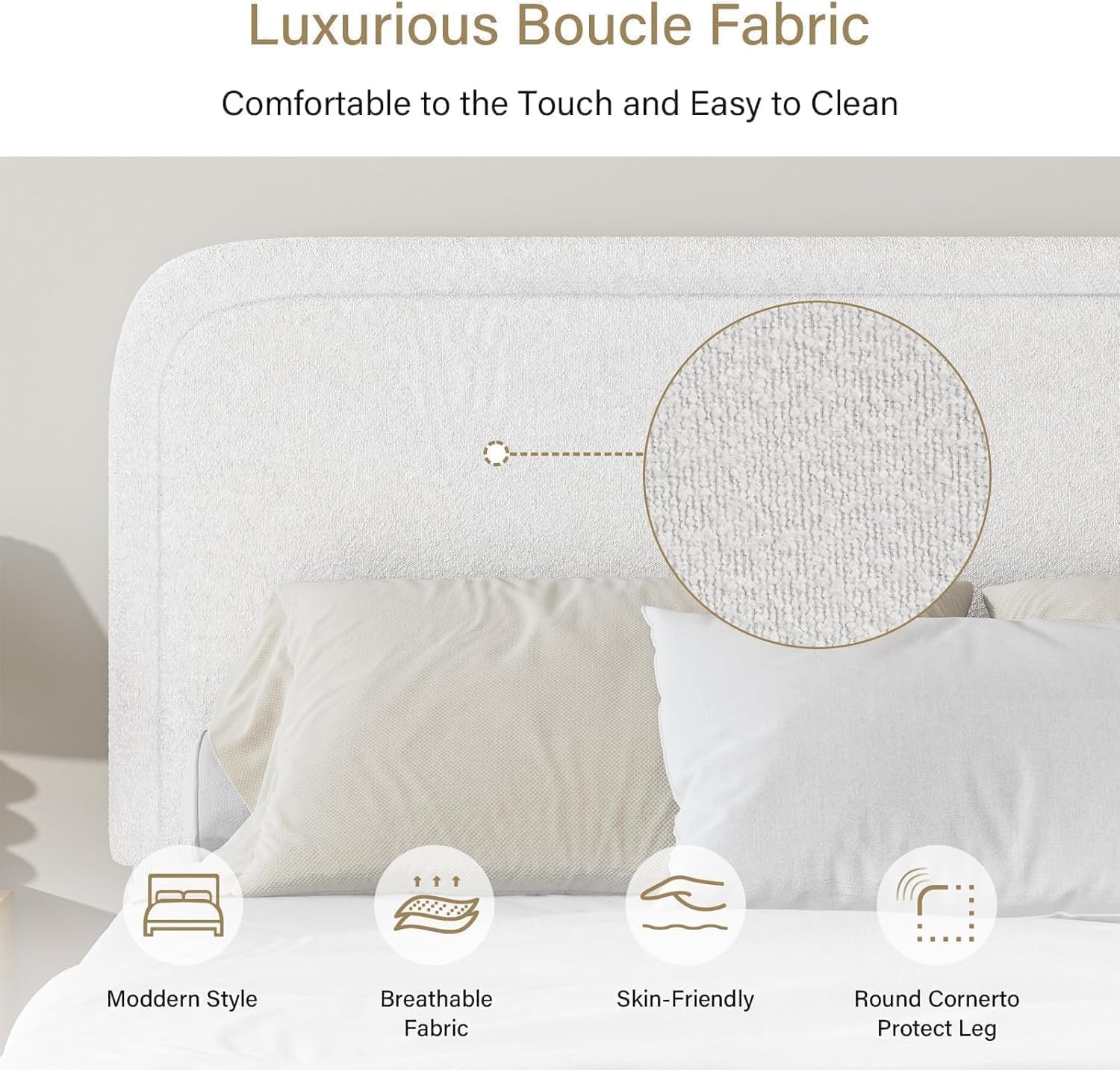 BarnFurin Twin Bed Frames with Headboard,Cloud Boucle Upholstered Platform Bed, Soft Rounded Corners, No Box Spring Needed, Non-Slip and Noise-Free, Easy Assembly, White