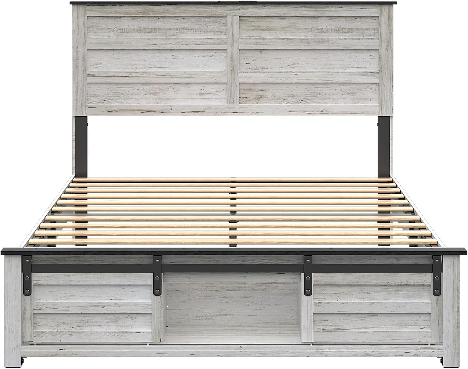 Wooden Bed Frame Full Size with Headboard & Sliding Barn Door Storage Footboard, Farmhouse Platform Bedframe with Charging Station and LED Lights, No Box Spring Needed, Boho White