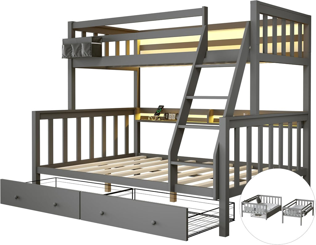 FJTJBSI Solid Wood Bunk Bed with Charging Station and LED Lights Detachable Bunk Bed Twin Over Twin with 2 Storage Drawers Full Size Bed Frame with Guardrail and Ladder for Kids Adults Bedroom