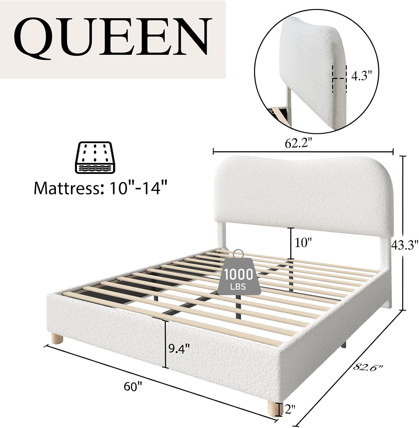 AMERLIFE Queen Size Upholstered Boucle Bed Frame, Soft Cloud Platform Bed with Adjustable Headboard, Modern Design, Rounded Corners, Rubberwood Legs, No Box Spring Needed, Easy Assembly, Cream