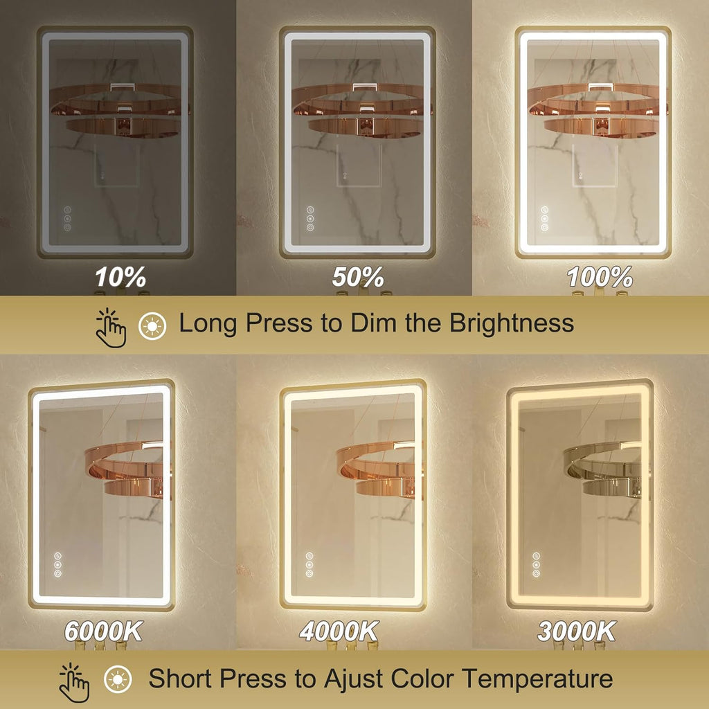 24x36 Inch LED Bathroom Mirror with Gold Metal Frame, Front and Backlit Vanity Mirror, Stepless Dimmable Wall Mirrors with Anti-Fog, 3 Colors, Memory Function, Waterproof, LED Smart Bathroom Mirror
