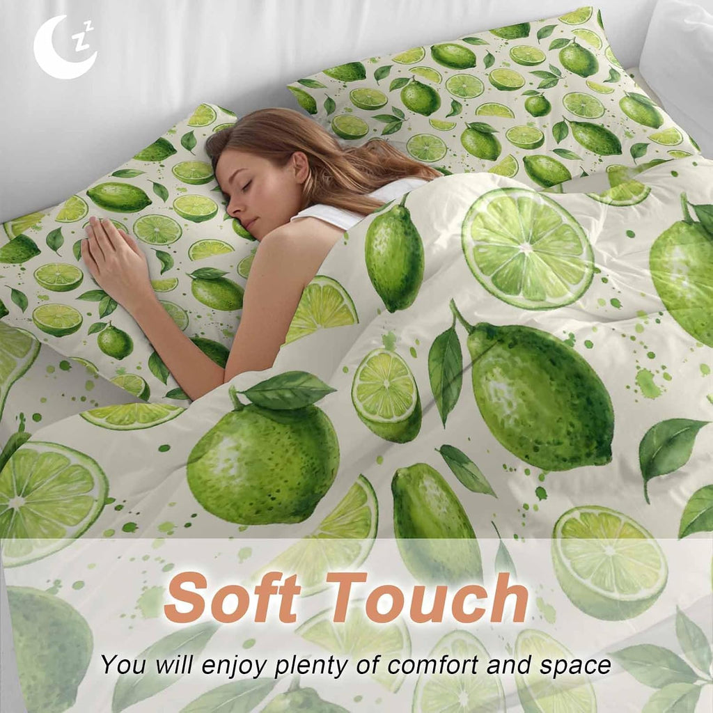 Summer Fruit Duvet Cover Set Queen Size 4 Pieces Watercolor Green Lemon Lime Slice Leaf Rustic Bedding Set with Zipper Closure, 1 Comforter Cover 92x106 Inches 1 Flat Sheet & 2 Pillow Cases