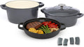 NATIVO 5 pc Stackable Cast Iron Cookware Set, Versatile Enamel Dutch Oven, Seasoned Grill Pan & Enamel Braiser with Precision Pour Spouts, Universal Lid, Included Spacers/Handle Holders, Stormy Grey