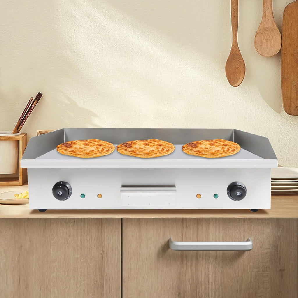 110V 3000W Electric Griddle Cooktop Temperature Adjustable 50-300℃, Thermostatic Double Control Commercial Flat Top Grill, BBQ Plate Grill for Home Kitchen Restaurant L28.62in xW15.75in xH8.85in