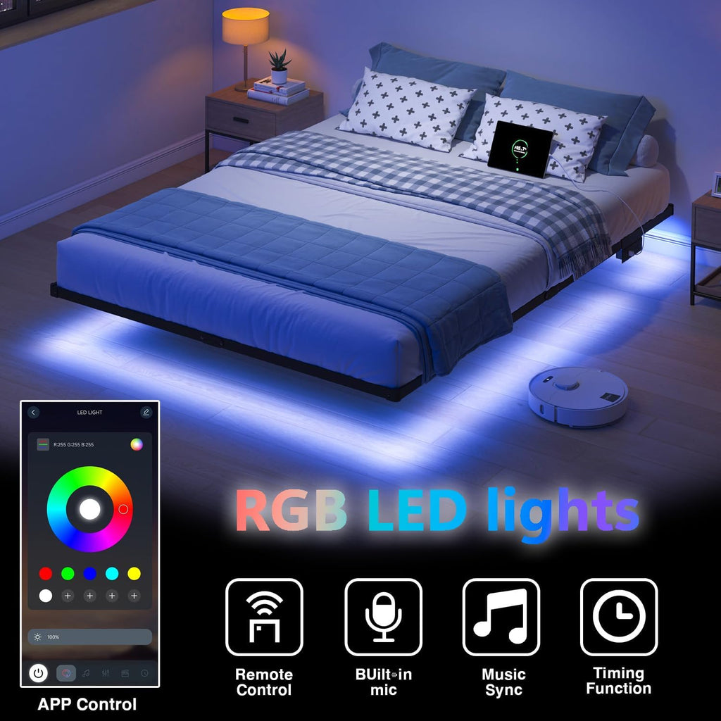 HAVONIZD Queen Floating Bed Frame with LED Lights and Charging Station - 10 inch Platform Bed Frame No Box Spring Needed, Easy Assembly