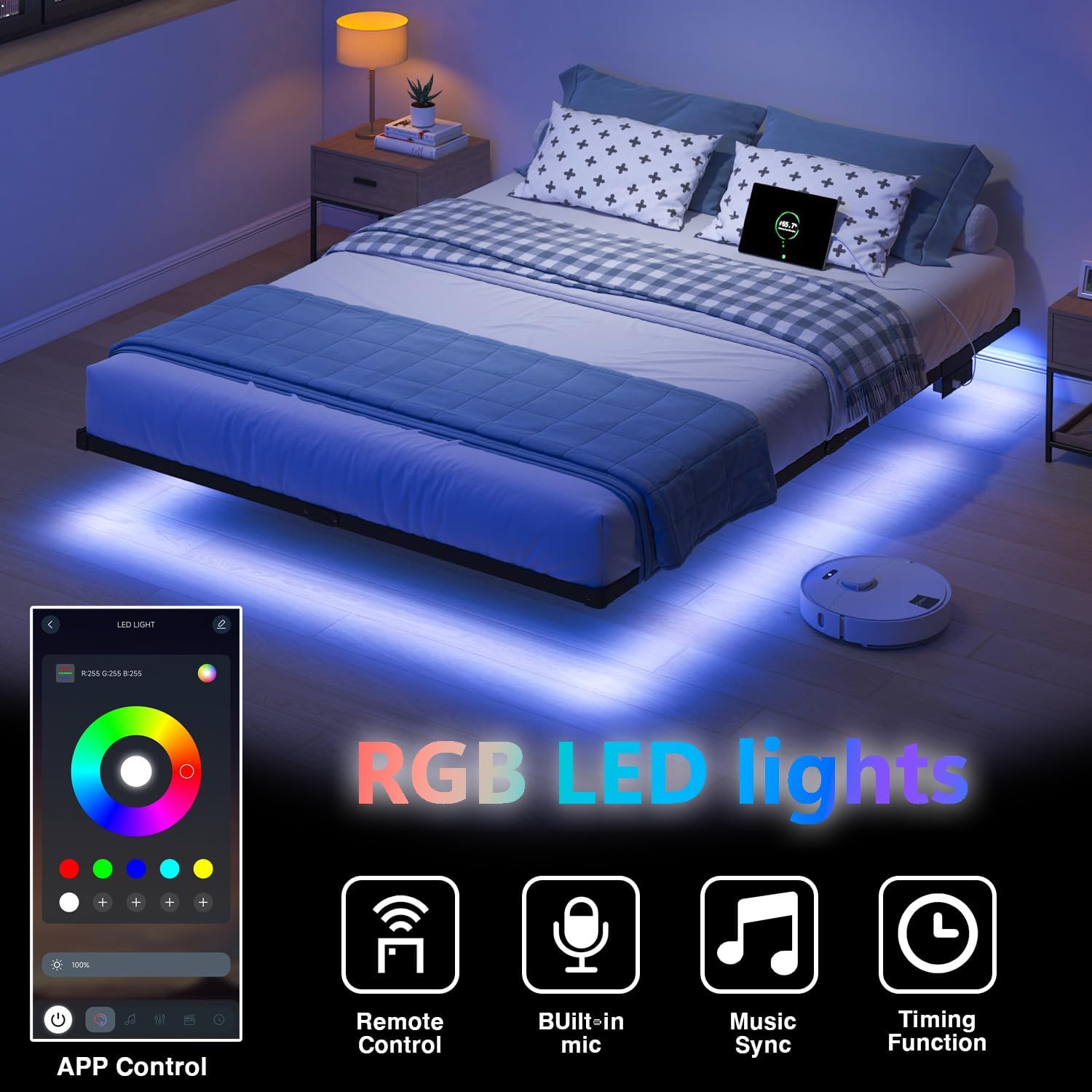HAVONIZD Queen Floating Bed Frame with LED Lights and Charging Station - 10 inch Platform Bed Frame No Box Spring Needed, Easy Assembly