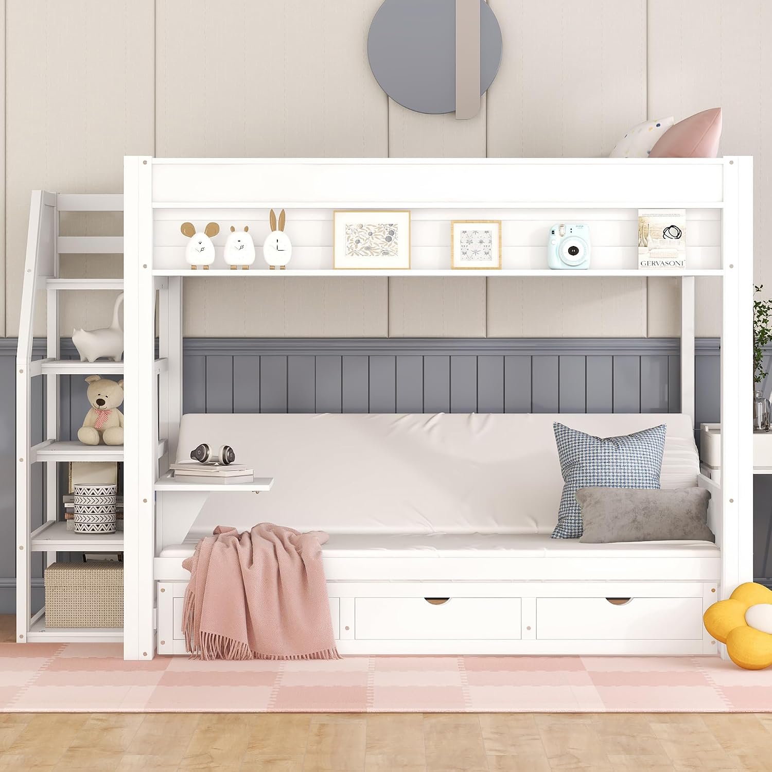 Harper & Bright Designs Full Over Full Bunk Bed with Storage Staircase and Bedside Table for 2, Wood Bunk Bed Frame with Drawers for Saving Space, White