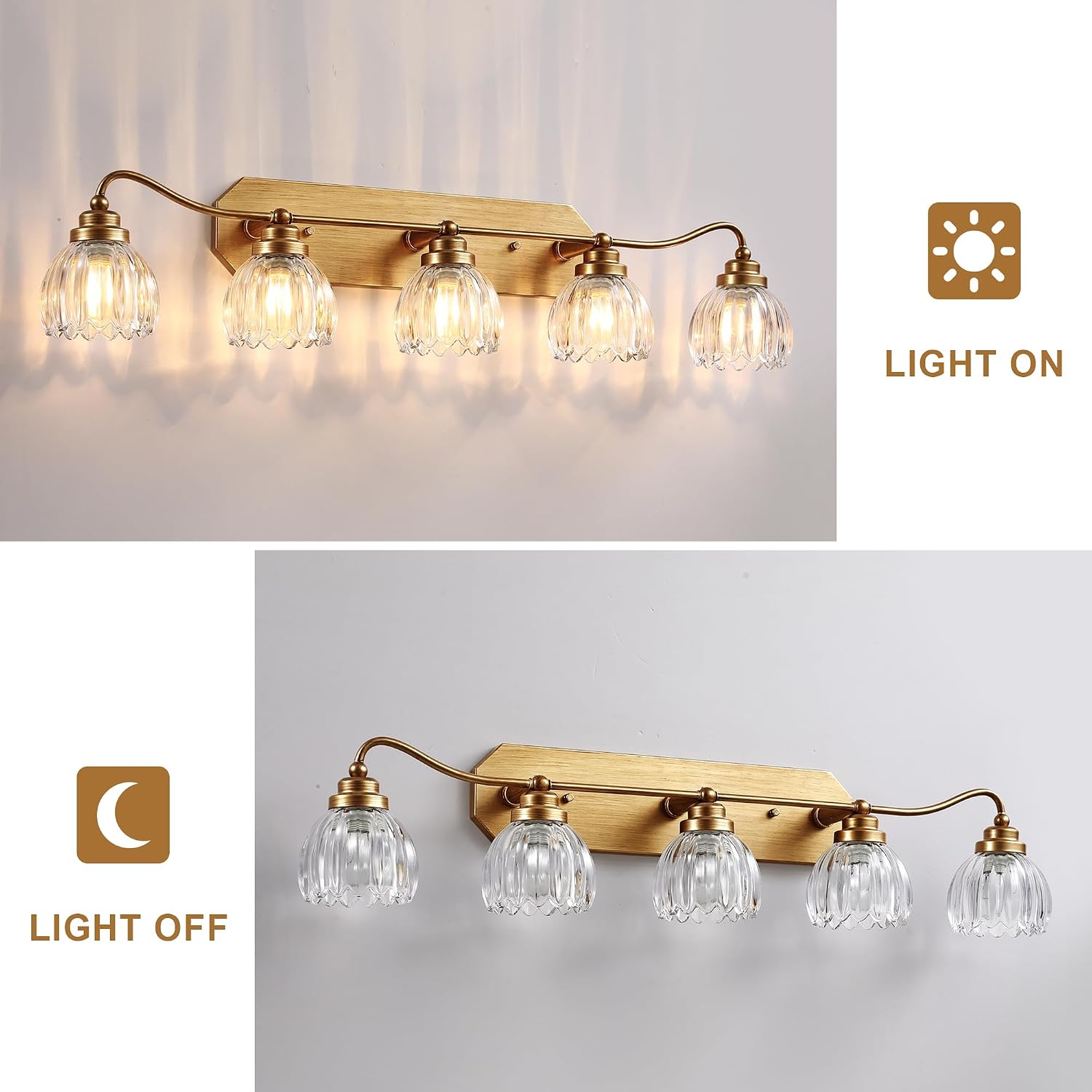 Vintage Bathroom Light Fixtures, 5 Light Gold Bathroom Vanity Light, Matte Antique Brass Finish with Crystal Glass Shade, Wall Sconces Lighting for Bedroom, Living Room, Hallway