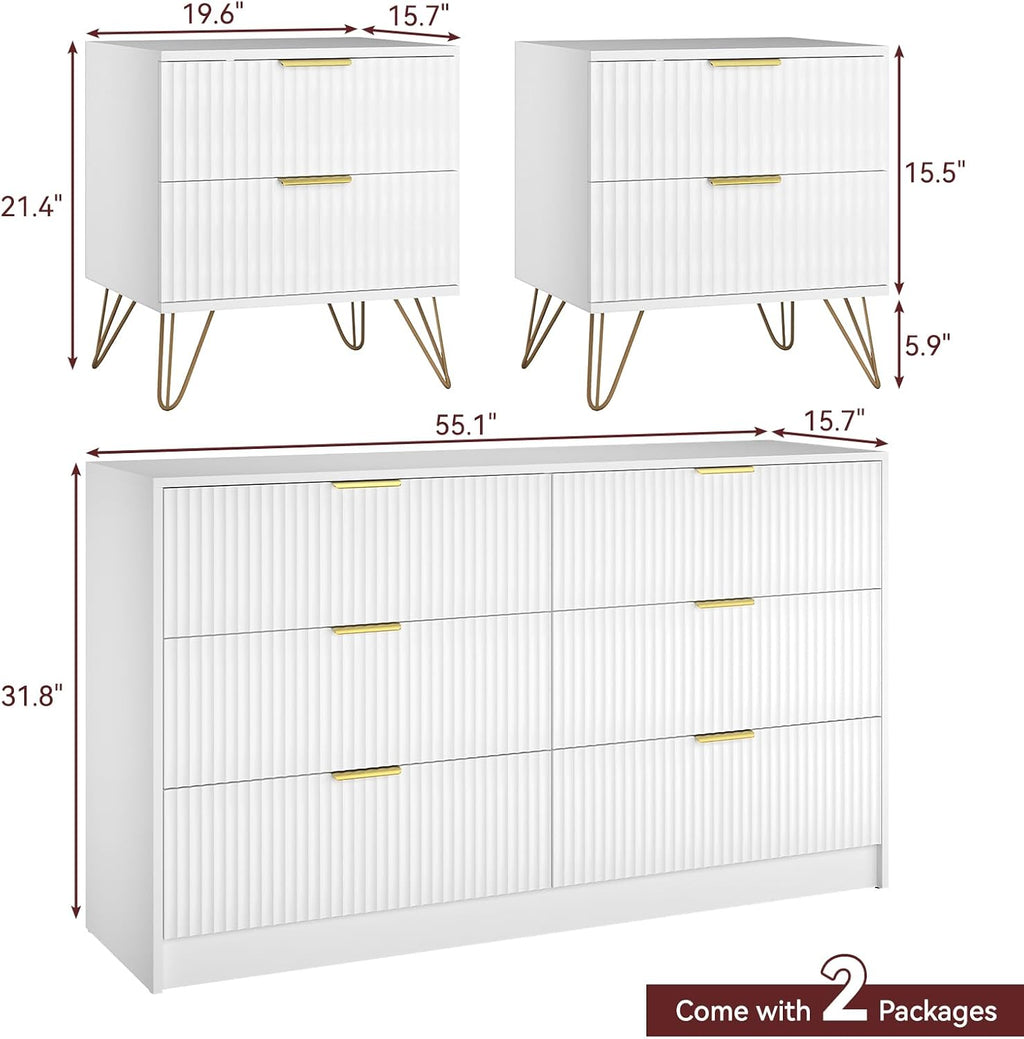 6 Drawer Dresser and Nightstand Sets for Bedroom, 3 Pcs Bedroom Set, Night Stand Set of 2 & 6 Drawer Dresser with Gold Handles, Modern Wood Chest of Drawers Storage Cabinet Set, White