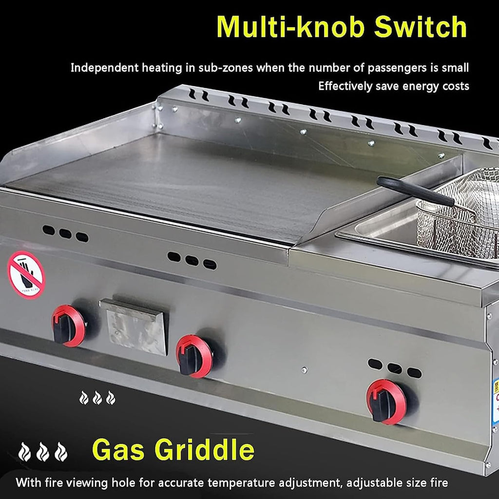 Kitchen LPG Gas Grill for Outdoor Catering Commercial Gas Griddle, Countertop Flat Top Griddle Stainless Steel Grill, Teppanyaki Fry Pan with Adjustable Temperature
