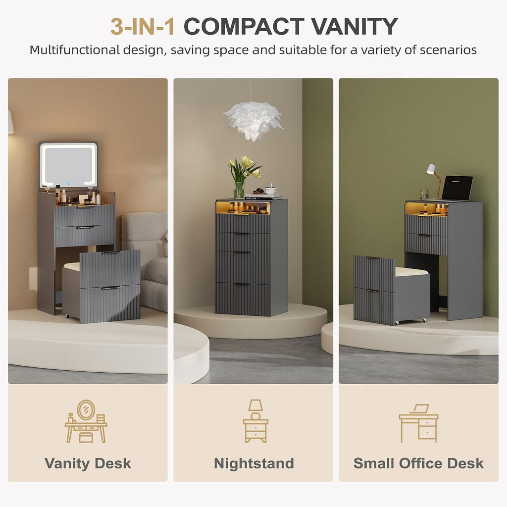 Lvifur 3 in 1 Small Vanity Desk with Plip Top Mirror,Makeup Vanity Set with Visible Glass Desktop,Compact Vanity with 3 Drawers,Storage Compartment and Padded Stool,Dressing Table for Bedroom,Grey