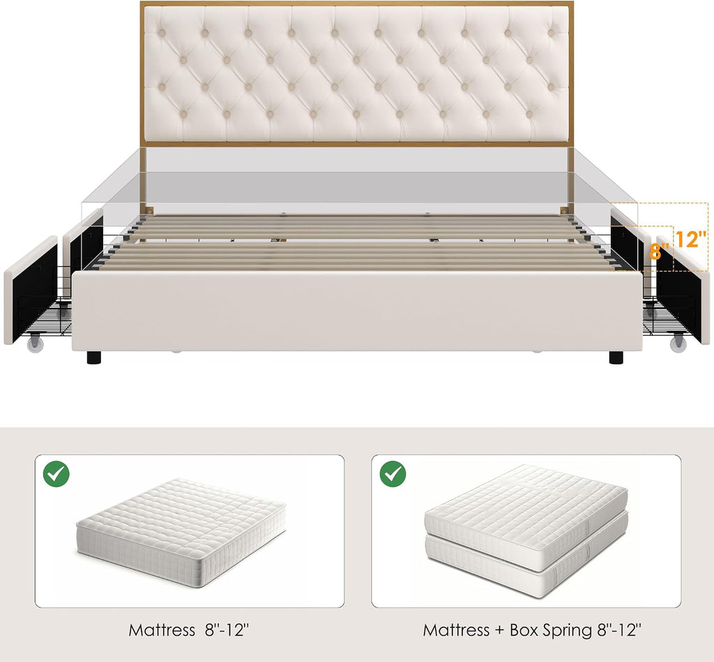 HIFIT King Upholstered Bed Frame with 4 Storage Drawers and Handmade Button Tufted Headboard, Modern Velvet King Size Platform Storage Bed with Solid Wooden Slat, No Box Spring Needed, Golden & Beige