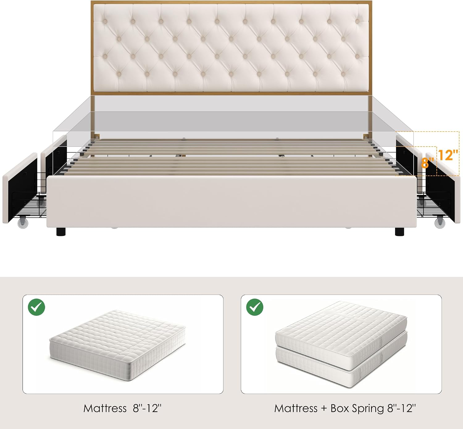 HIFIT King Upholstered Bed Frame with 4 Storage Drawers and Handmade Button Tufted Headboard, Modern Velvet King Size Platform Storage Bed with Solid Wooden Slat, No Box Spring Needed, Golden & Beige