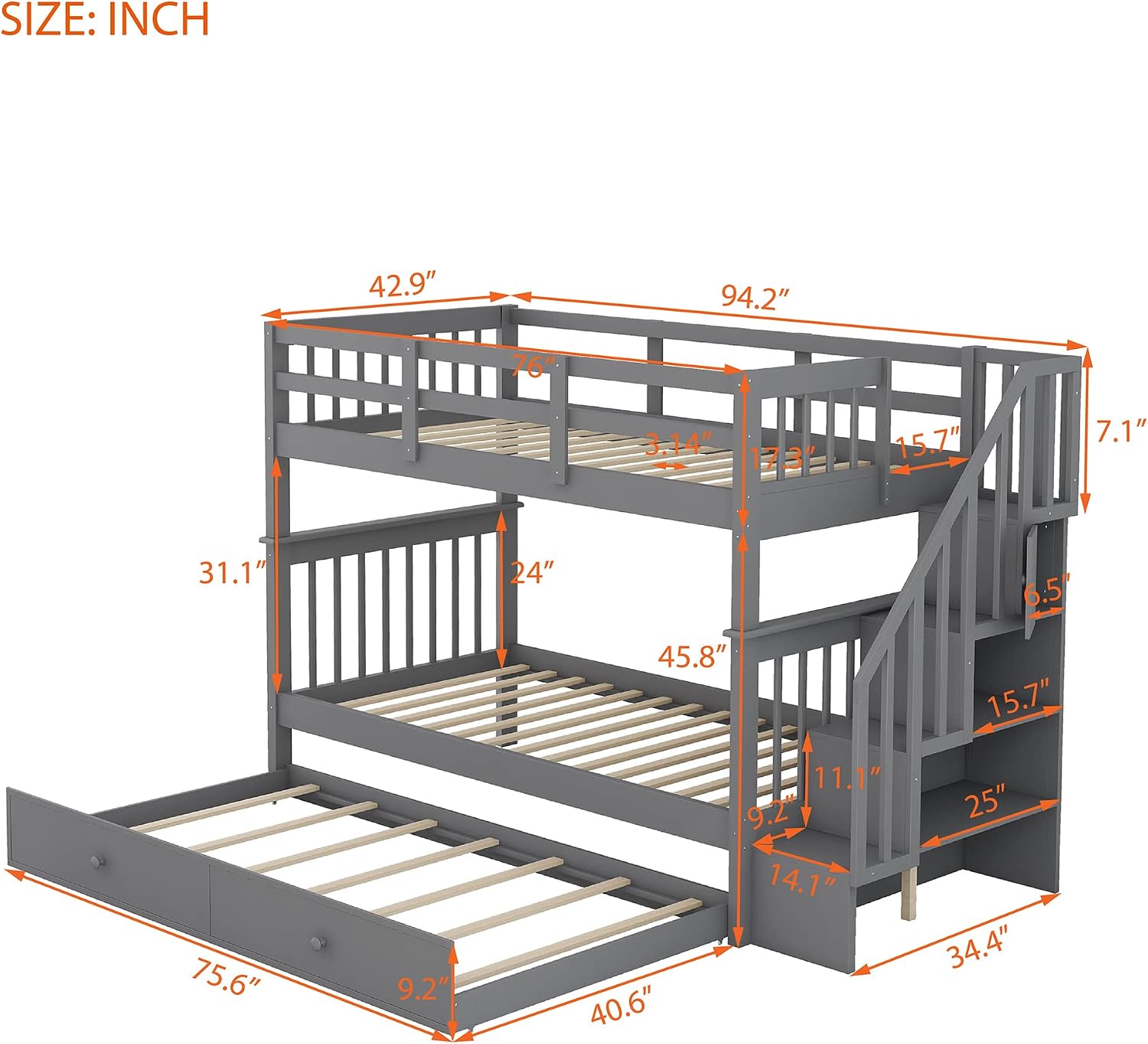 Harper & Bright Designs Twin-Over-Twin Bunk Bed with Trundle and Storage Staircase, Solid Wood 3 in 1 Stairway Bunk Bed with Trundle, Grey