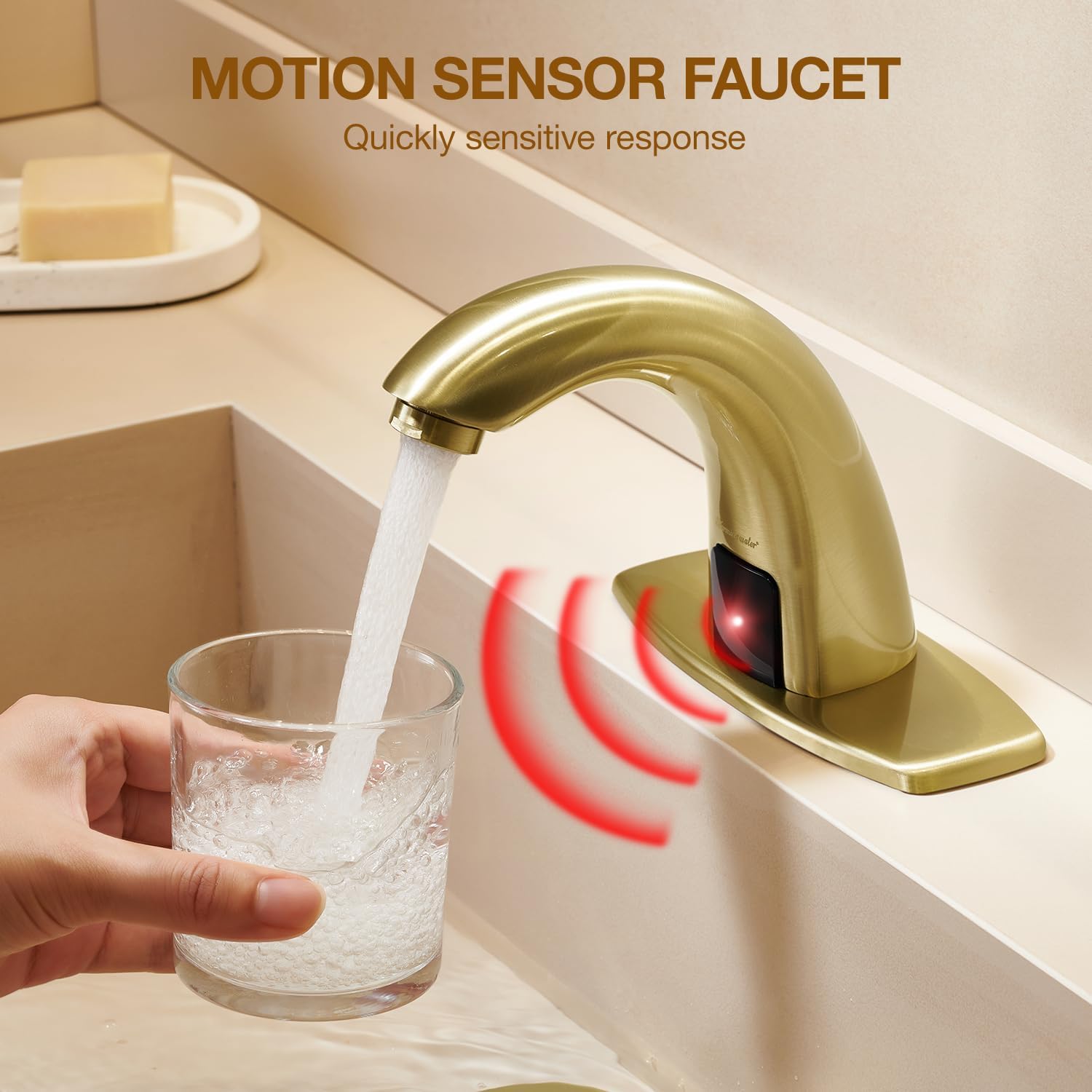 Charmingwater Touchless Bathroom Sink Faucet, Motion Automatic Sensor Faucet with Hole Cover Plate, Brushed Gold