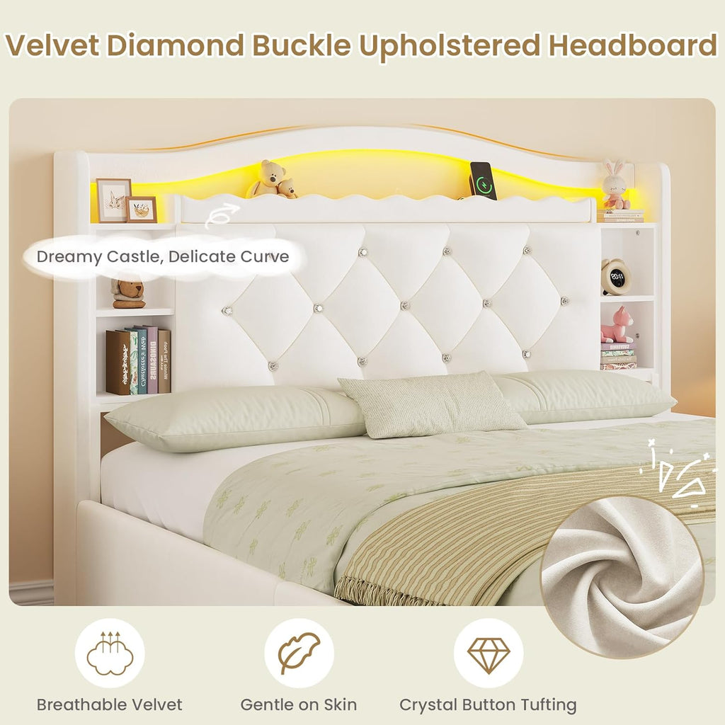 DICTAC Full Size Bed Frame for Kids with 4 Storage Drawers, Bookcase Headboard, LED Lights and Power Outlets, Diamond Tufted Velvet Upholstered Princess Platform Bed, Heavy-Duty Metal Support, Beige
