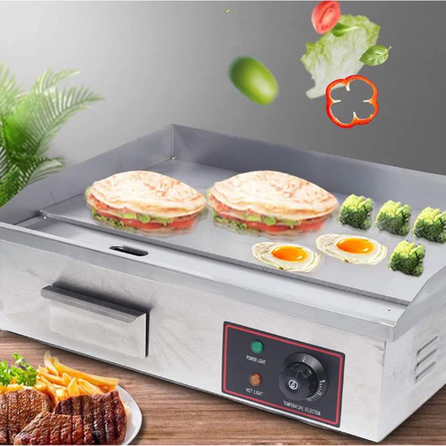 Electric Countertop Flat Top Griddle, Commercial Stainless Steel Griddle Grill, Hot Plate BBQ, Adjustable Temperature Control 50-300℃, for Restaurant Kitchen
