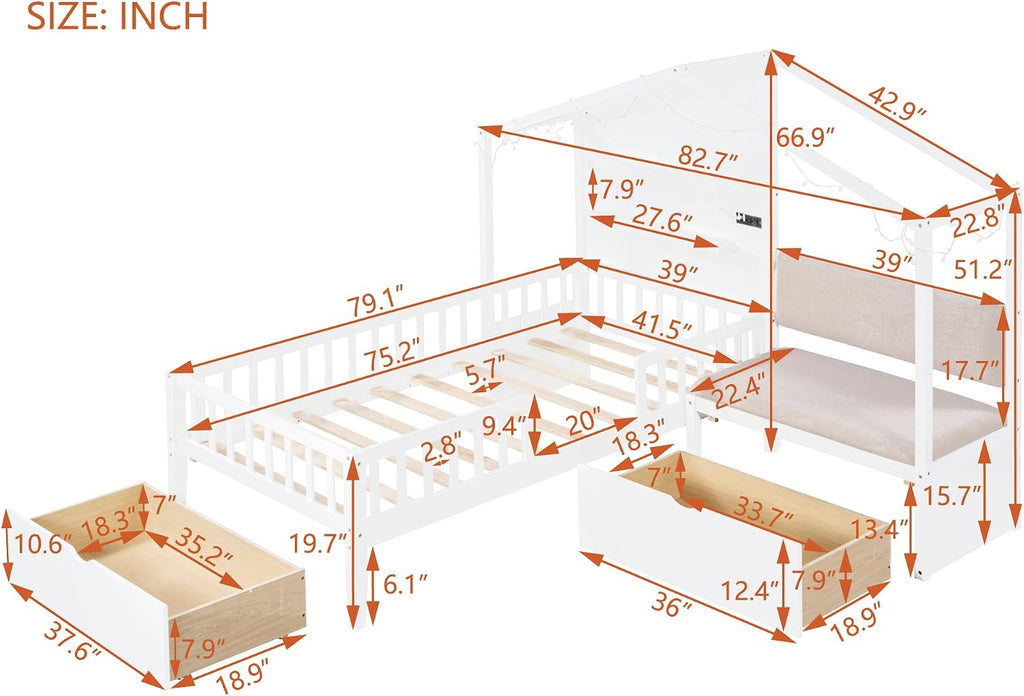 Twin Size House Bed with Upholstered Sofa and Safety Fence for Kids Boys Girls, Versatility Solid Wood Kids Platform Bed with Charging Station, Wireless Charging, Shelves and 2 Drawers (White-G1)