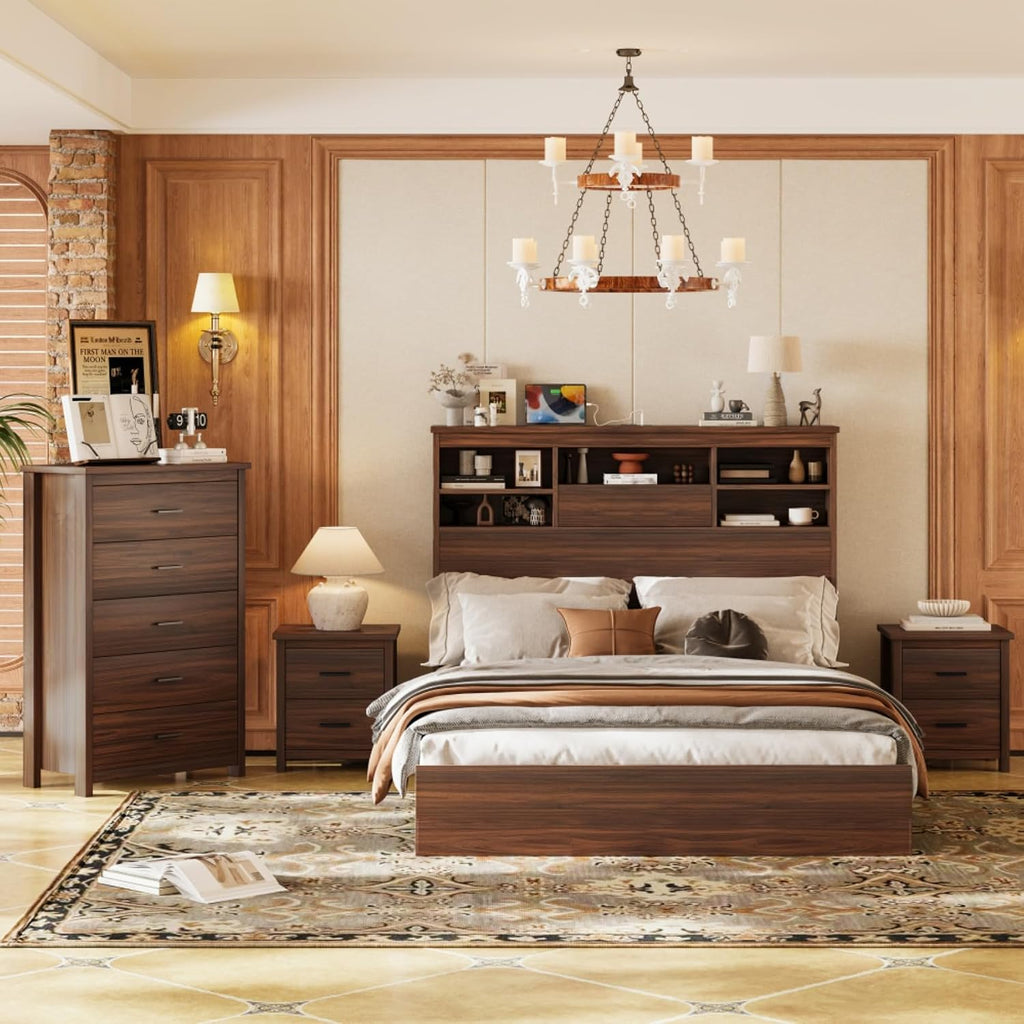 4-Pieces Queen Size Bedroom Set, Platform Bed Frame with Storage Headboard USB-Port, 1 Dresser with 5 Cabinet Drawers and 2 Nightstands with 2 Drawers, for Boys Girls Adults, Walnut