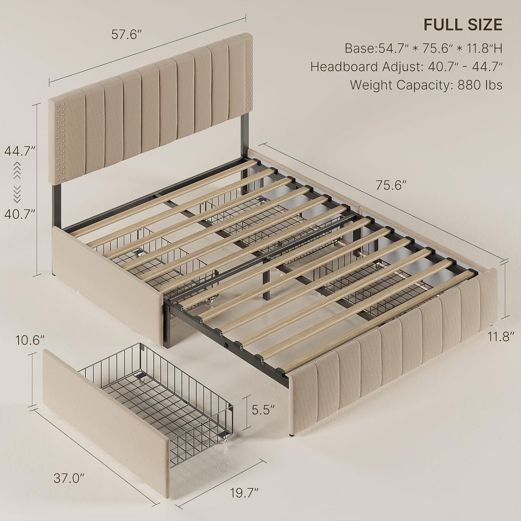 Gizoon Upholstered Full Bed Frame with 4 Storage Drawers, Headboard Adjustable, Noise Free, Wooden Slats Support, Fits 6' to 12' Mattress, No Box Spring Needed