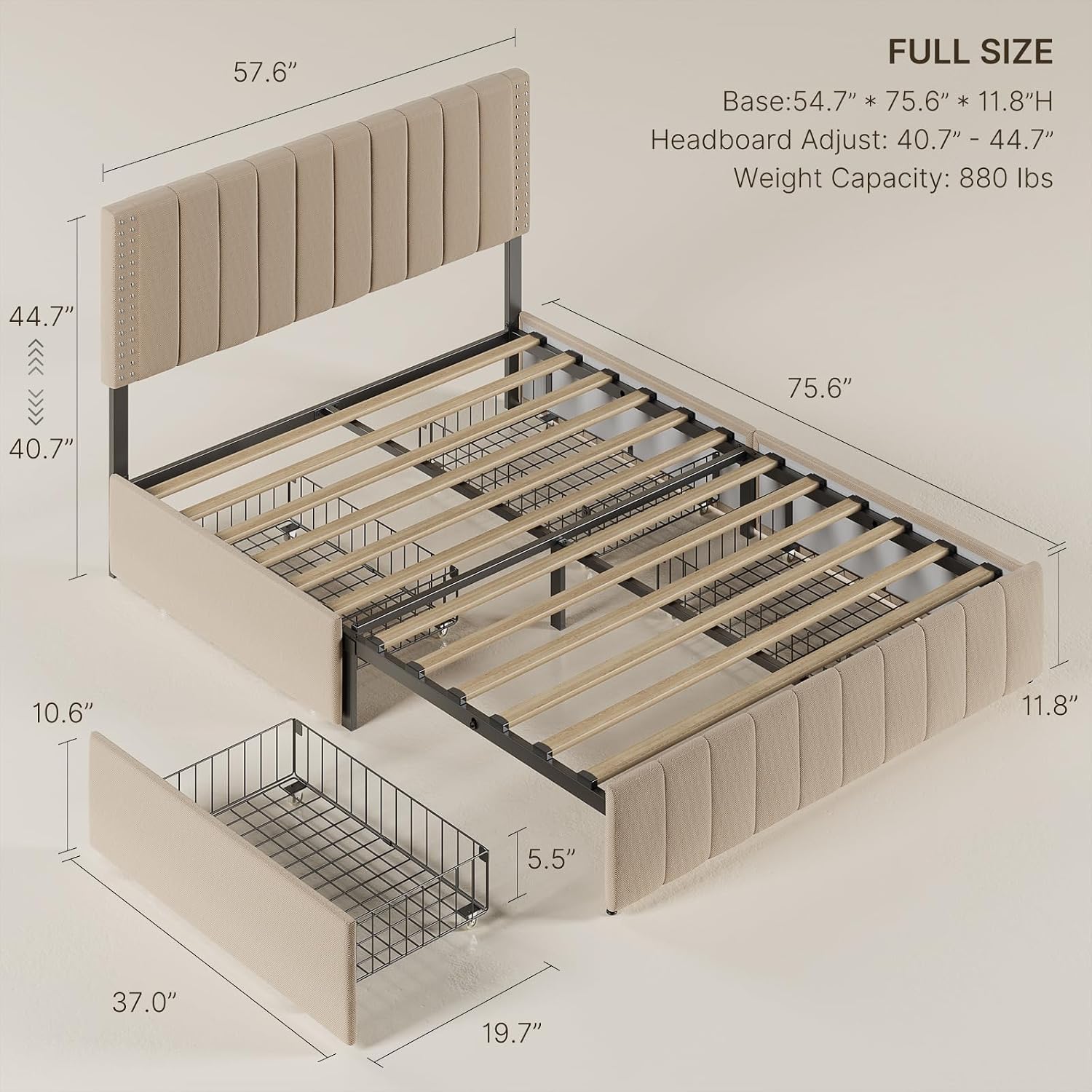 Gizoon Upholstered Full Bed Frame with 4 Storage Drawers, Headboard Adjustable, Noise Free, Wooden Slats Support, Fits 6' to 12' Mattress, No Box Spring Needed