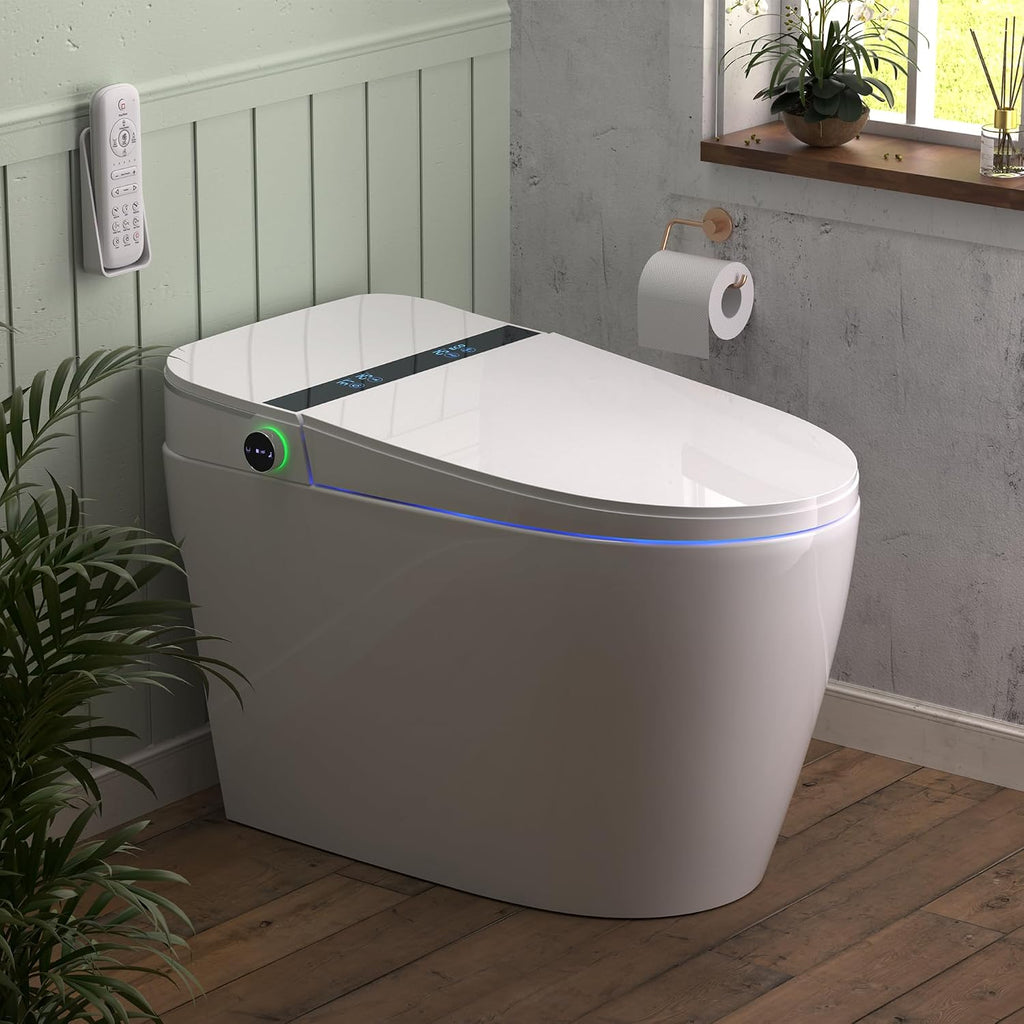 Smart Toilet with Built-In Bidet – Heated Toilet Seat, Warm Water Wash & Dryer, Auto Open/Close, Flush Sensor Operation, LED Display, Remote Control, One-Piece Modern Toilet, 1.28 GPF