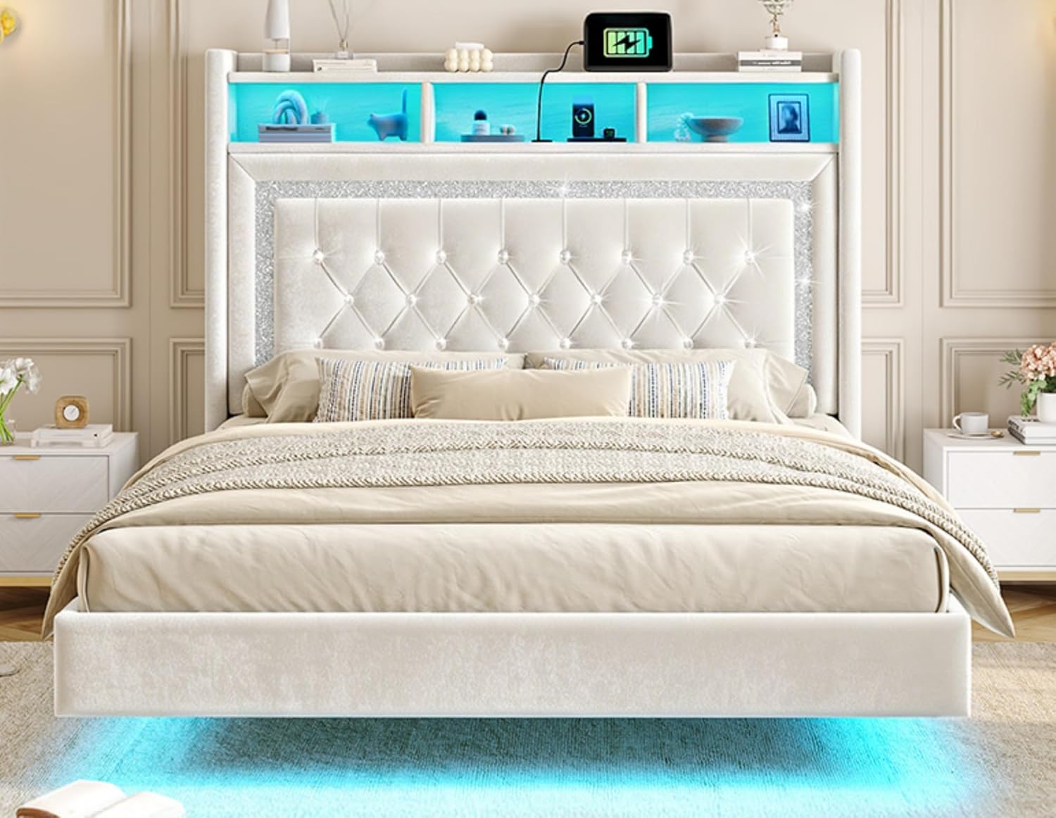 Homkdom Floating Bed Frame Queen with LED Lights & Charging Station, Upholstered Queen Bed Frame with Tall Velvet Storage Headboard, Heavy Duty Metal Slats/No Box Spring Needed/No Noise, Modern,Beige