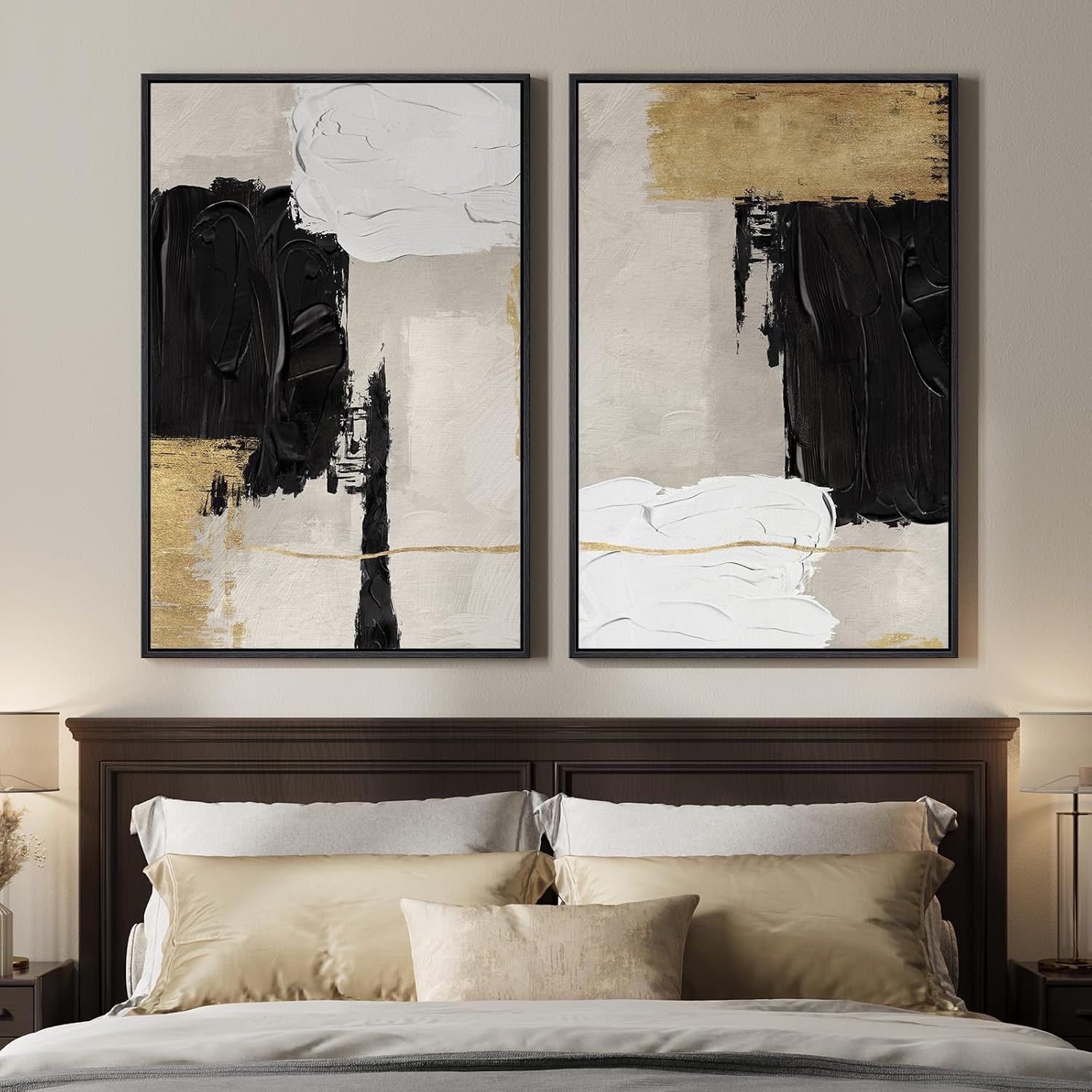 Framed Black White and Gold Abstract Wall Art for Living Room, Set of 2 Modern Minimalist Canvas Artwork for Walls, Large Neutral Pictures Prints for Bedroom Home Office Hallway Wall Decor, 24x36 Inch