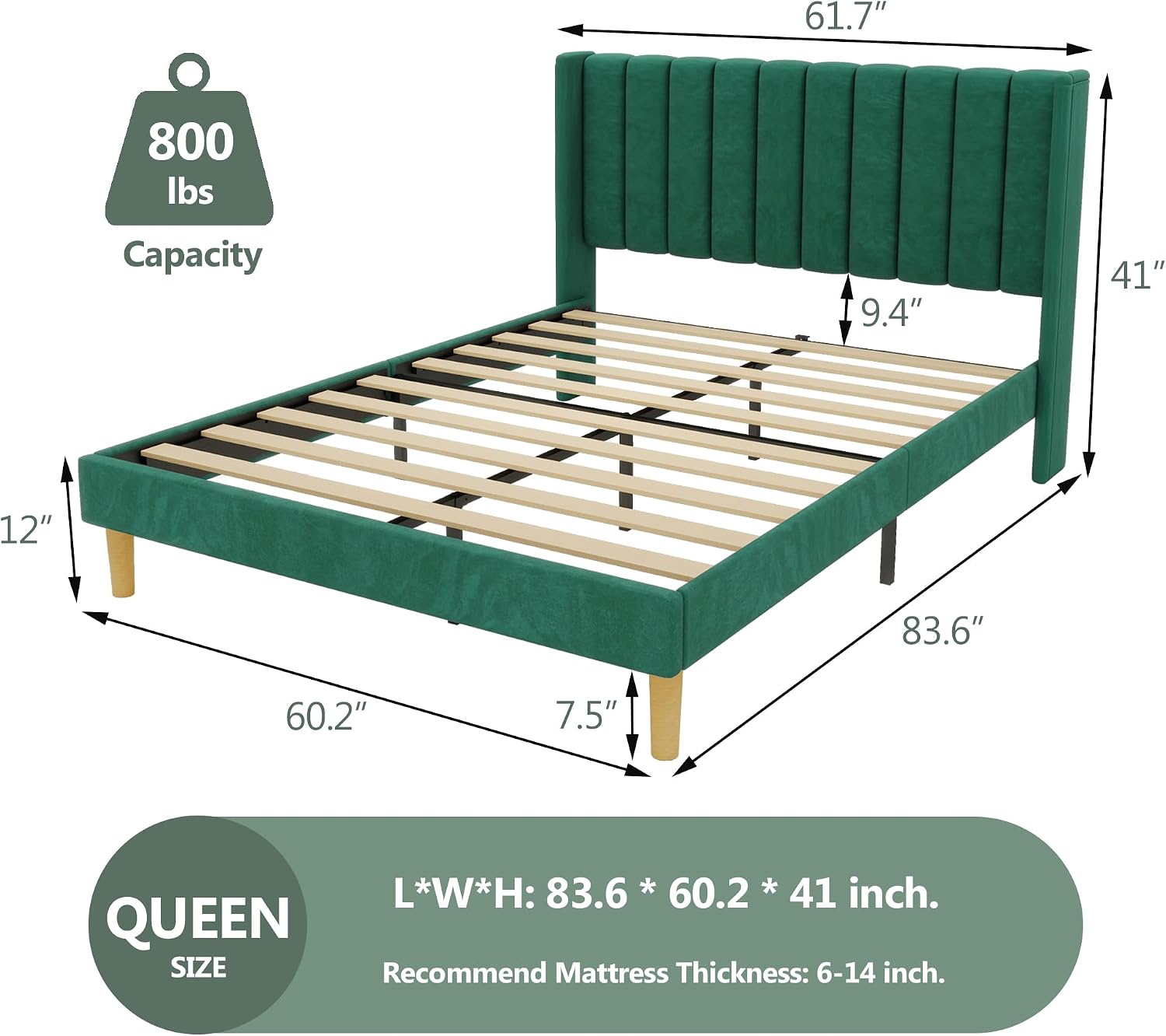 alazyhome Platform Bed Frame Queen Size with Upholstered Headboard, Solid Wood Slats Support, No Box Spring Needed, Noise Free, Easy Assembly, Modern Velvet Bed, Green