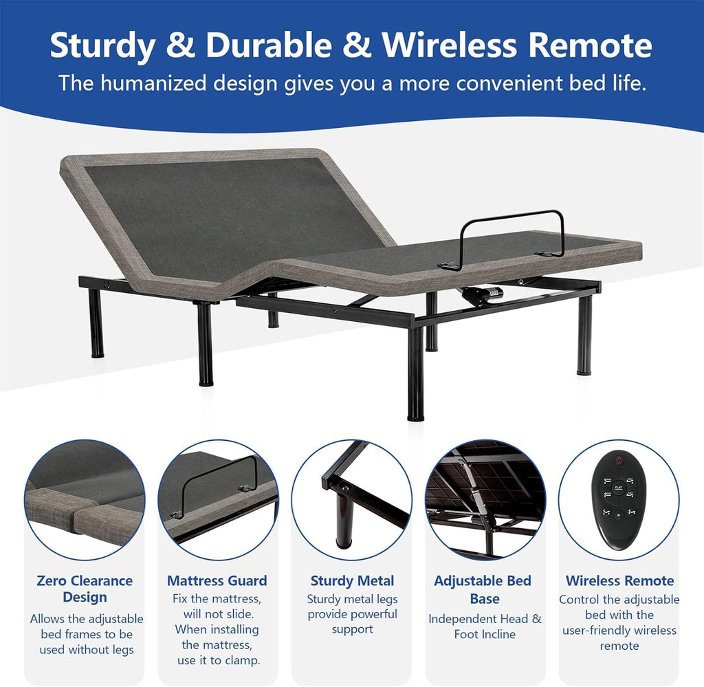 Vipbear Queen Size Adjustable Bed Frame, Adjustable Bed Base with Wireless Remote, Adjustable Leg Height,Separate Head/Foot Lift, 0 Gravity/Anti-Snore, Easy Assembly, Sturdy Metal, Smart Bed Frame
