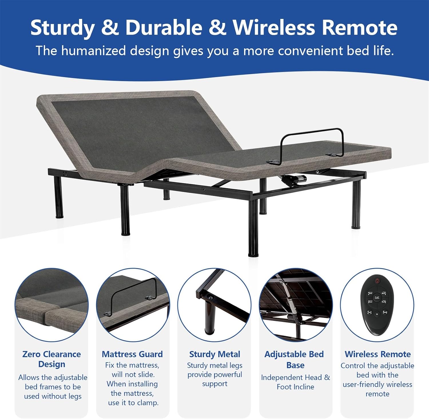 Vipbear Queen Size Adjustable Bed Frame, Adjustable Bed Base with Wireless Remote, Adjustable Leg Height,Separate Head/Foot Lift, 0 Gravity/Anti-Snore, Easy Assembly, Sturdy Metal, Smart Bed Frame
