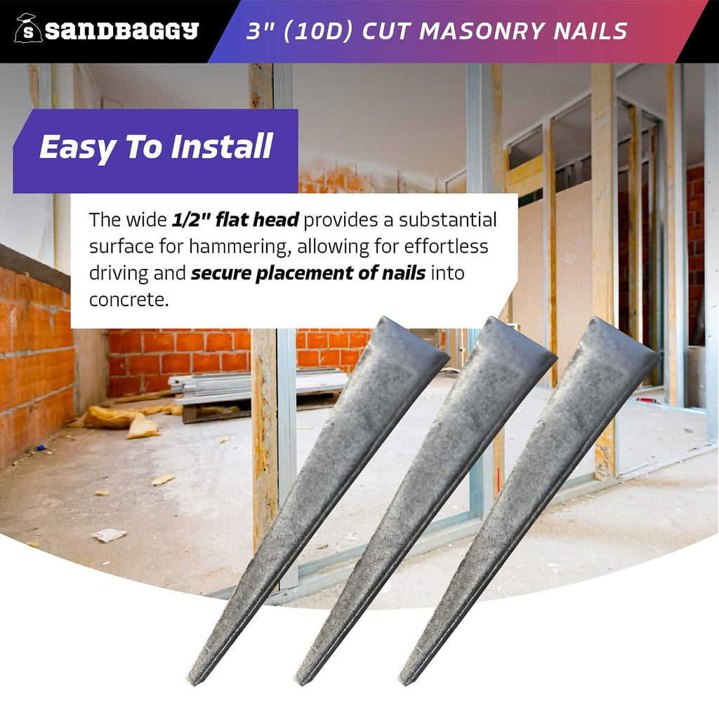 Sandbaggy 3 inch (10D) Square Cut Masonry Nails for Concrete, Brick, Mortar - 1/2' Wide Flat Heads - Construction, Cement, Brick Walls (1900)