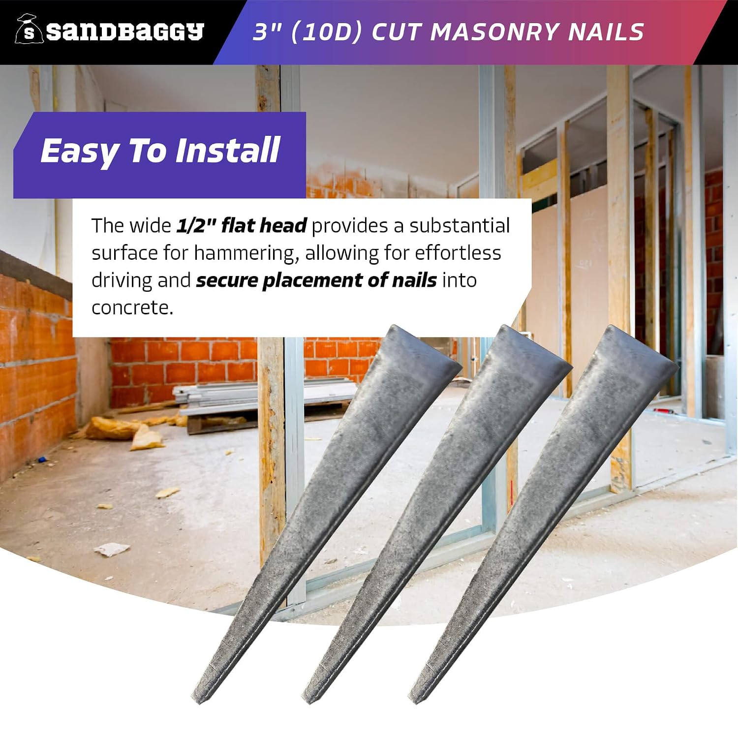 Sandbaggy 3 inch (10D) Square Cut Masonry Nails for Concrete, Brick, Mortar - 1/2' Wide Flat Heads - Construction, Cement, Brick Walls (1900)