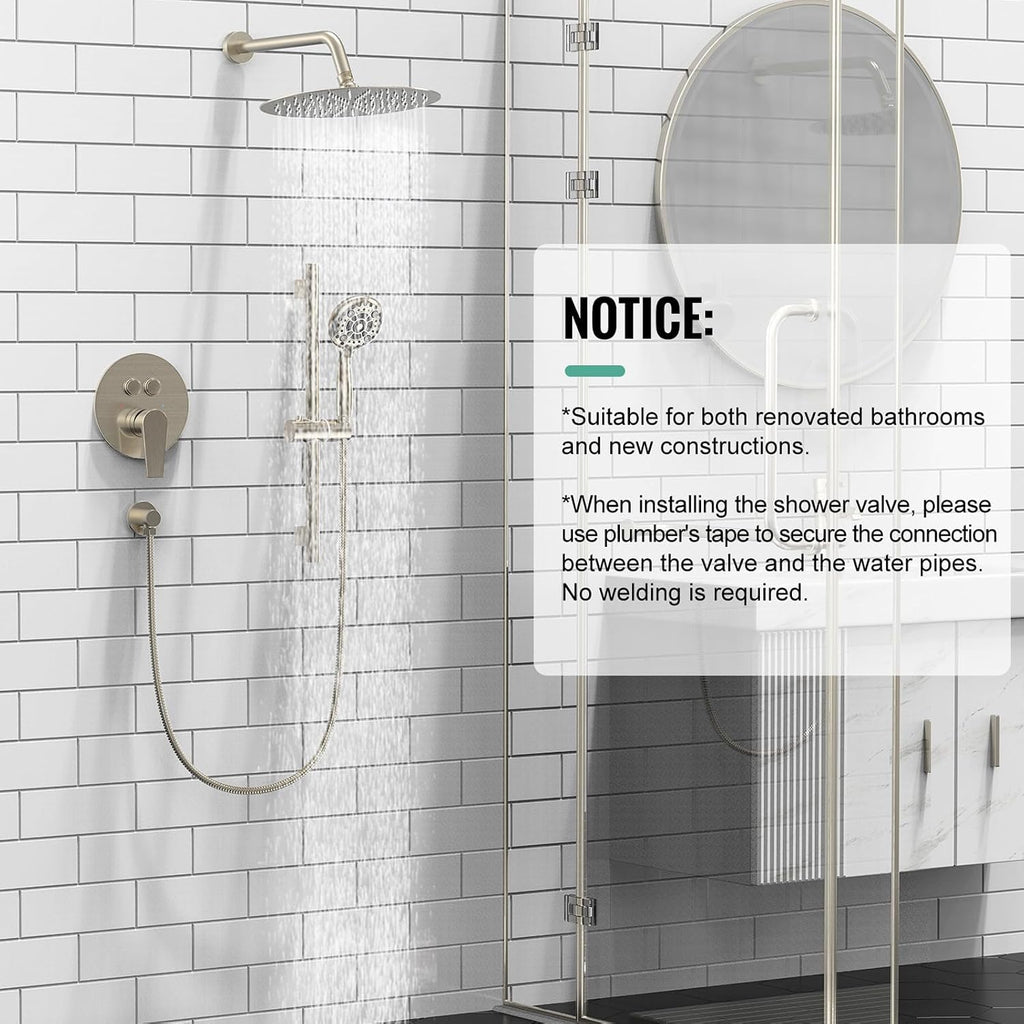 SR SUN RISE Shower System: 10 Inch Rainfall Shower Head with Handheld Combo Set - Slide Bar Bathroom Shower Faucet Set Wall Mounted (Valve and Trim Kit Included) - Brushed Nickel