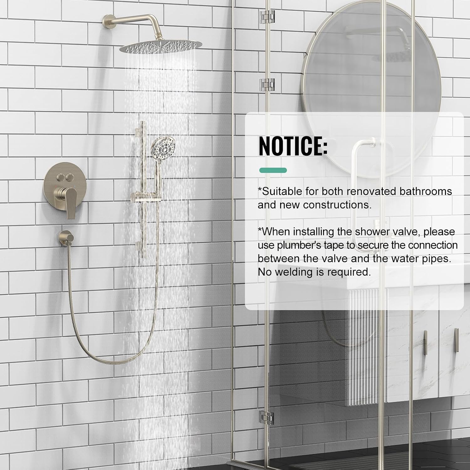 SR SUN RISE Shower System: 10 Inch Rainfall Shower Head with Handheld Combo Set - Slide Bar Bathroom Shower Faucet Set Wall Mounted (Valve and Trim Kit Included) - Brushed Nickel