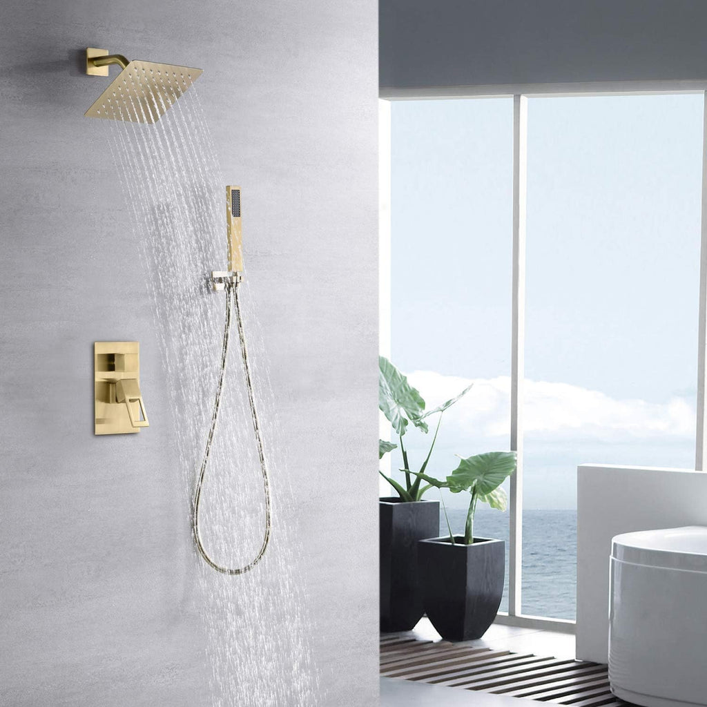 sumerain Rain Shower System Brushed Brass Dual Functions Shower Faucet Complete Set Including 8' Shower Head, Rough-In Valve Body and Trim