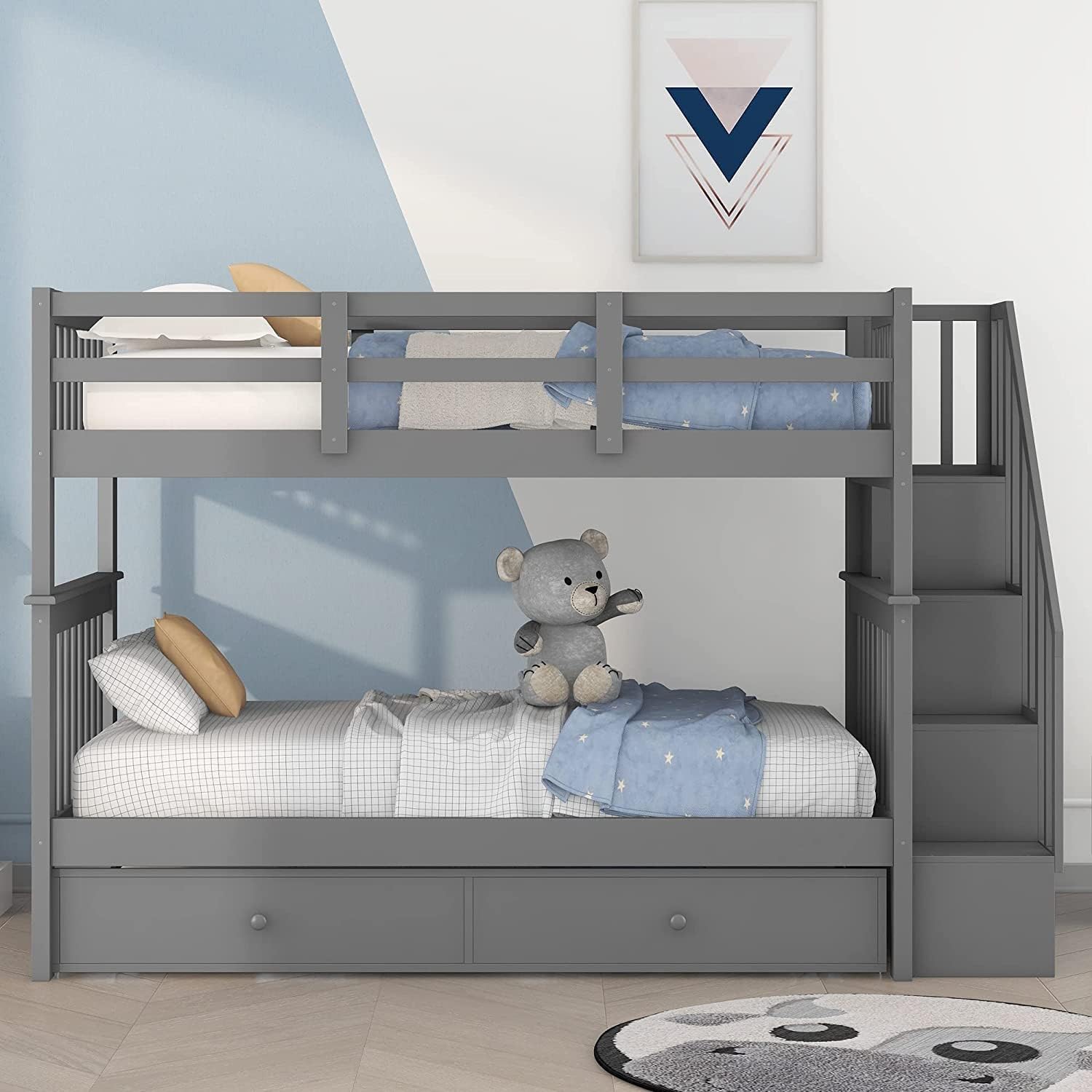 Wooden Twin Size Bunk Bed with Trundle & Storage Staircase & Shelves,Twin over Twin Bunk Bed Frame with Safety Guardrails,Headboard and Footboard for Kids Teens Adults,No Box Spring Needed,Grey