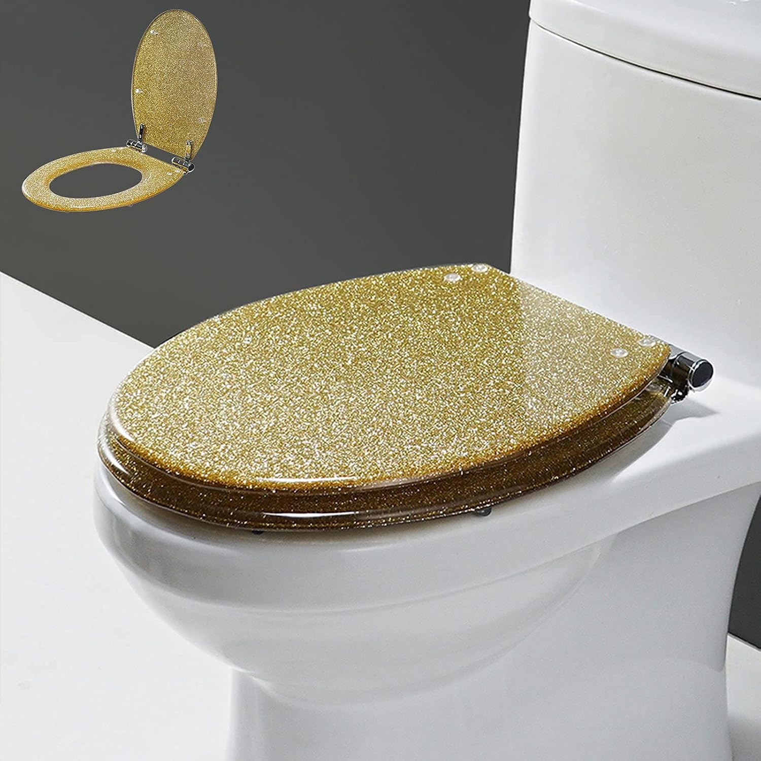 Glitter Resin Toilet Seat, Toilet Seat Cover Round, Resin Universal U/V/O Toilet Seat, Thicken Toilet Seat Slow Close,with Stainless Steel Hinge, Easy to Clean & Install (Gold)