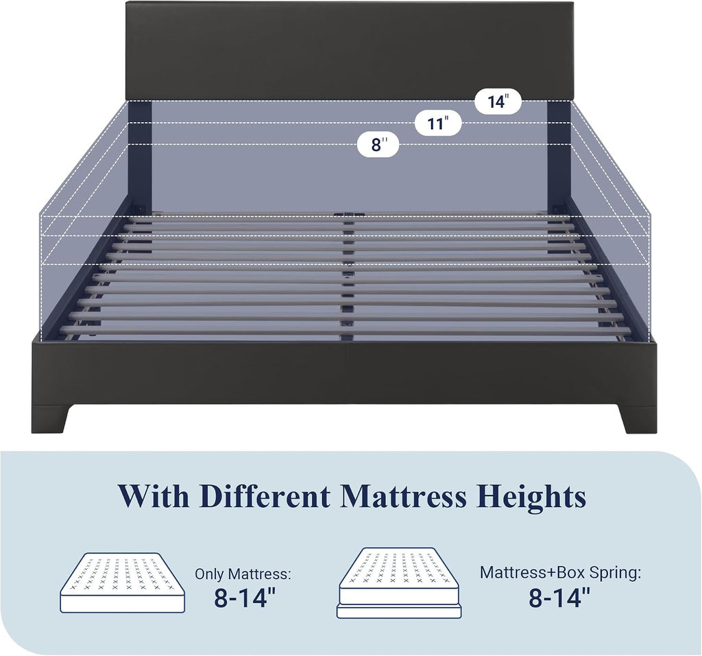 Allewie Full Size Bed Frame with Adjustable Headboard, Faux Leather Platform Bed with Wood Slats, Heavy Duty Mattress Foundation, No Box Spring Needed, Noise-Free, Easy Assembly, Black