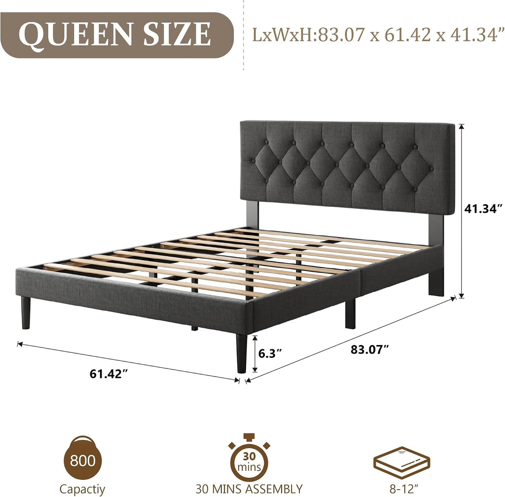 CXVX Queen Size Platform Bed Frame with Upholstered Headboard, Button Tufted Design, Strong Wooden Slats, No Box Spring Needed, Easy Assembly, Noise Free