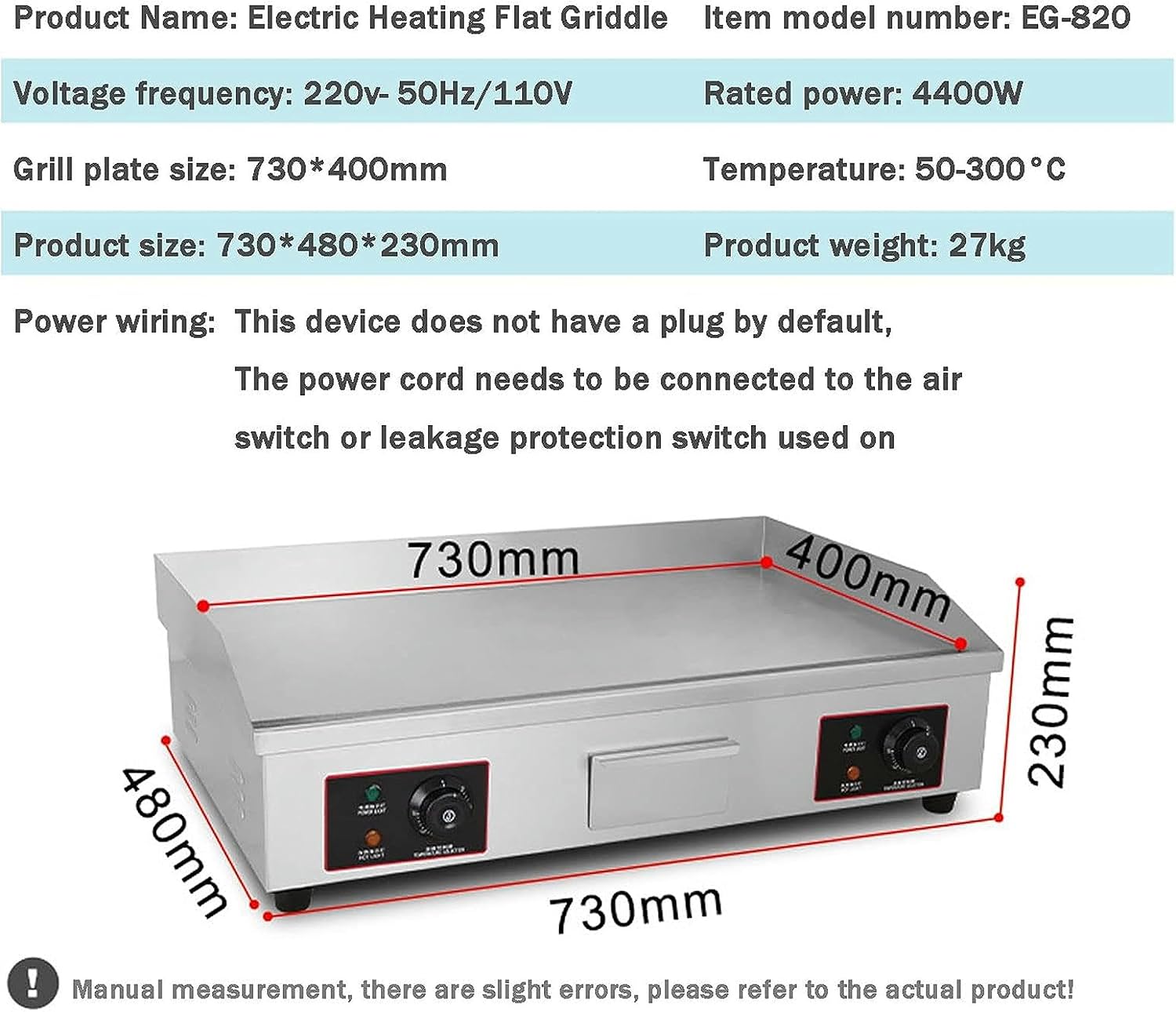 Commercial Electric Griddle Stainless Steel Full Flat Hotplate BBQ Hotplate, Large Griddle Hot Cooking Plate with Temperature Control, Efficient Nonstick Electric Griddle for Home Barbecue