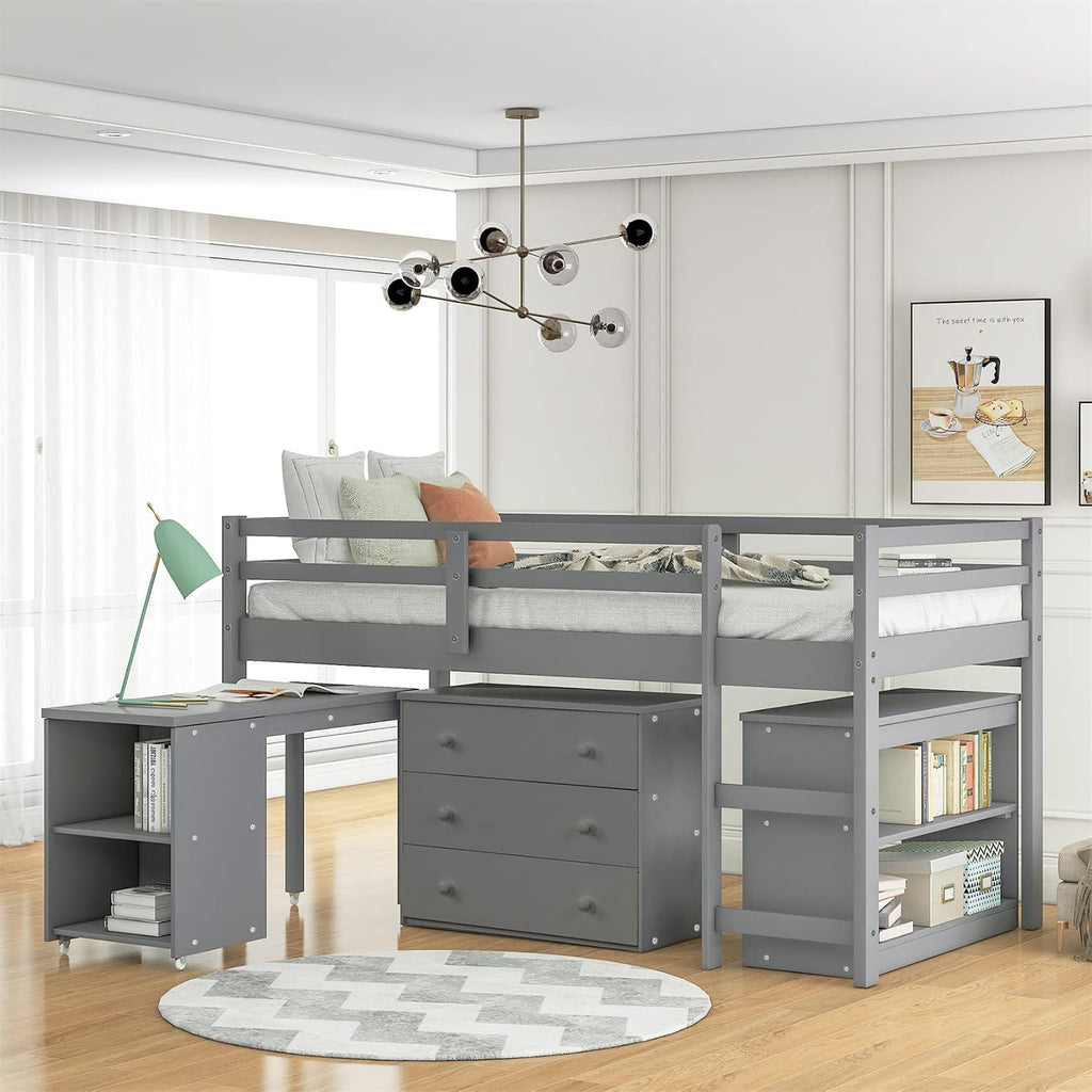 Bellemave Low Loft Bed Wood Loft Bed Frame with Storage Cabinet and Rolling Portable Desk for Kids and Teen, Boys, Girls, Twin,Gray