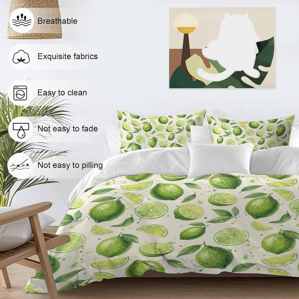 Summer Fruit Duvet Cover Set Queen Size 4 Pieces Watercolor Green Lemon Lime Slice Leaf Rustic Bedding Set with Zipper Closure, 1 Comforter Cover 92x106 Inches 1 Flat Sheet & 2 Pillow Cases