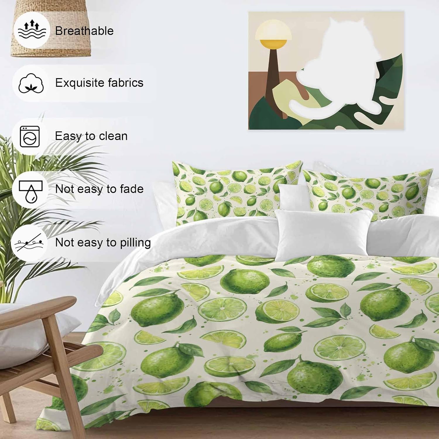 Summer Fruit Duvet Cover Set Queen Size 4 Pieces Watercolor Green Lemon Lime Slice Leaf Rustic Bedding Set with Zipper Closure, 1 Comforter Cover 92x106 Inches 1 Flat Sheet & 2 Pillow Cases