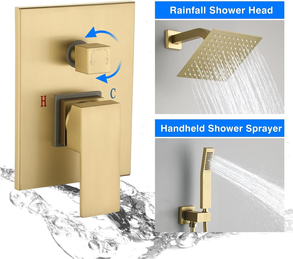 JOYWELL Shower Faucet Brushed Gold Shower System 8 Inches Rain Shower and Handheld Shower Combo,2-Function Pressure Balance Shower Fixtures,Included Shower Trim Kit