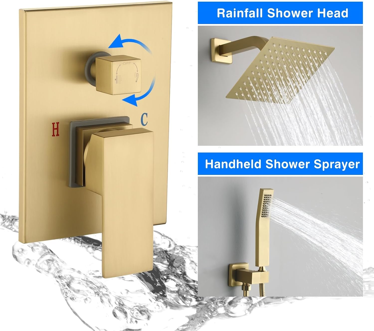JOYWELL Shower Faucet Brushed Gold Shower System 8 Inches Rain Shower and Handheld Shower Combo,2-Function Pressure Balance Shower Fixtures,Included Shower Trim Kit
