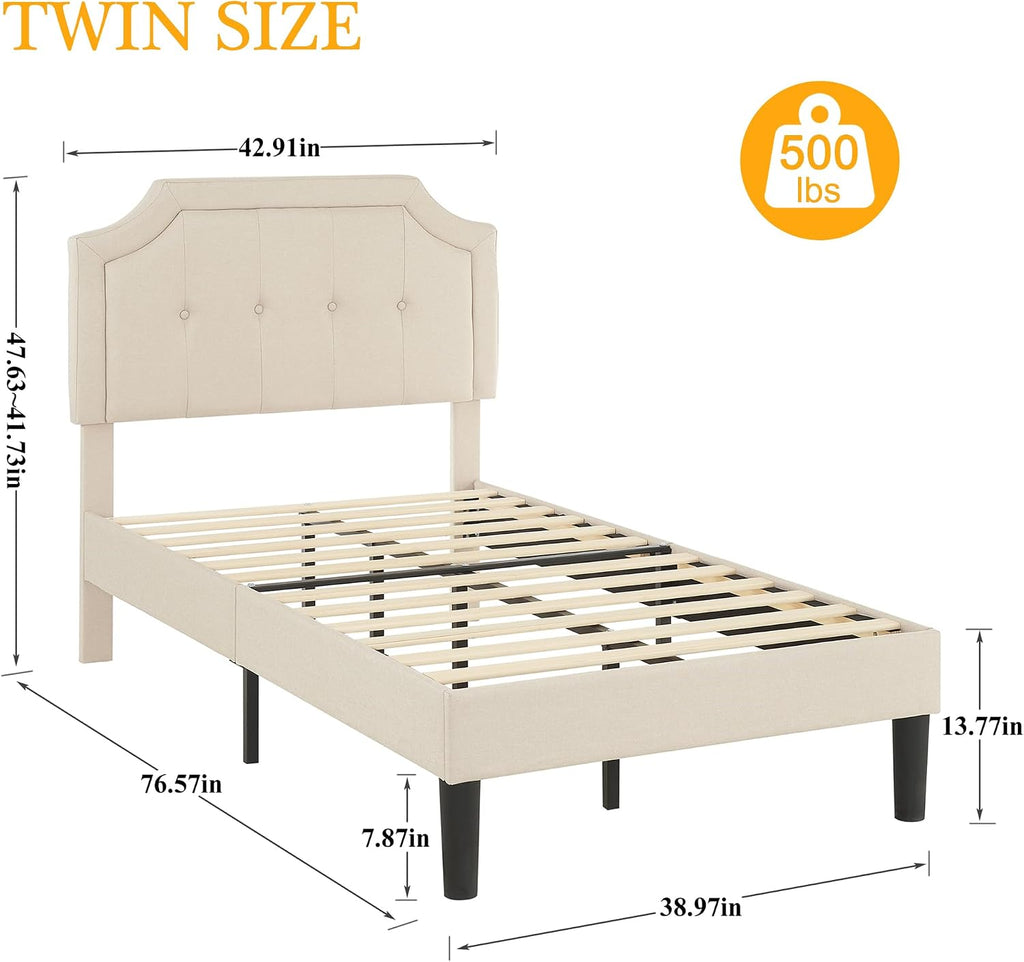 VECELO Twin Size Platform Bed Frame with Fabric Upholstered Headboard and Wooden Slats Support, No Box Spring Needed/Easy Assembly,Beige