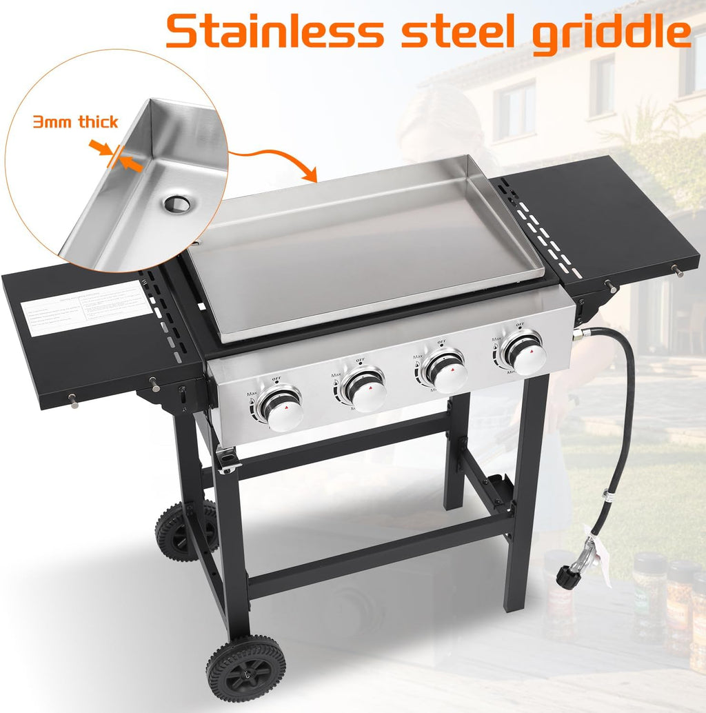 Cookit 4-Burner Flat Top Gas Grill with Stainless Steel Griddle, Includes Cover & Regulator - Perfect for Camping, Tailgating, Backyards