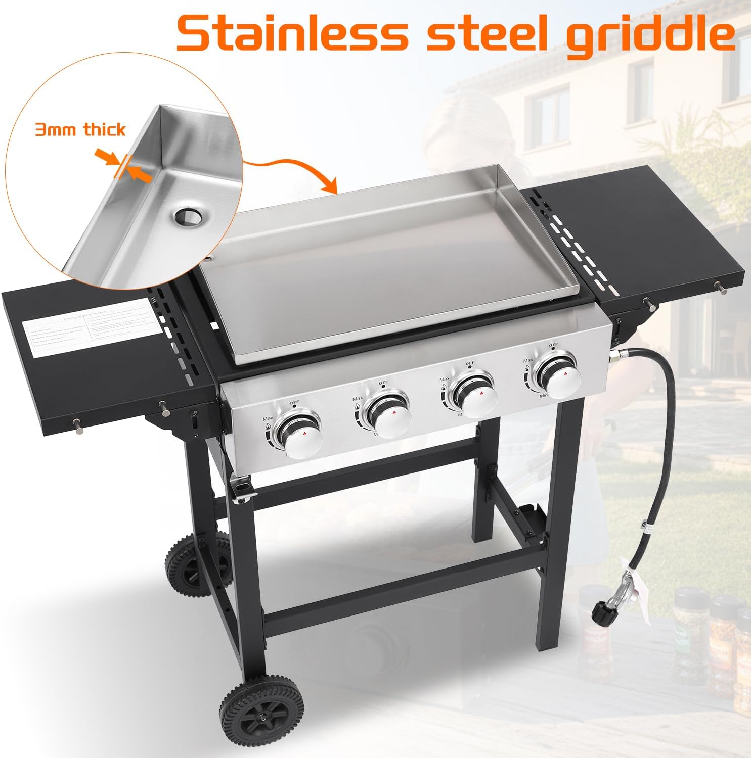 Cookit 4-Burner Flat Top Gas Grill with Stainless Steel Griddle, Includes Cover & Regulator - Perfect for Camping, Tailgating, Backyards
